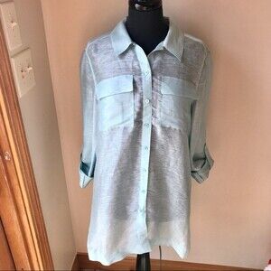 Linen Silk Tunic Top Light Blue Blouse Long Sleeve Button Up Shirt Vacation